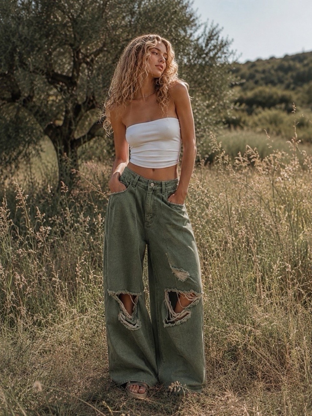 High-Rise Olive Wide-Leg Distressed Jeans